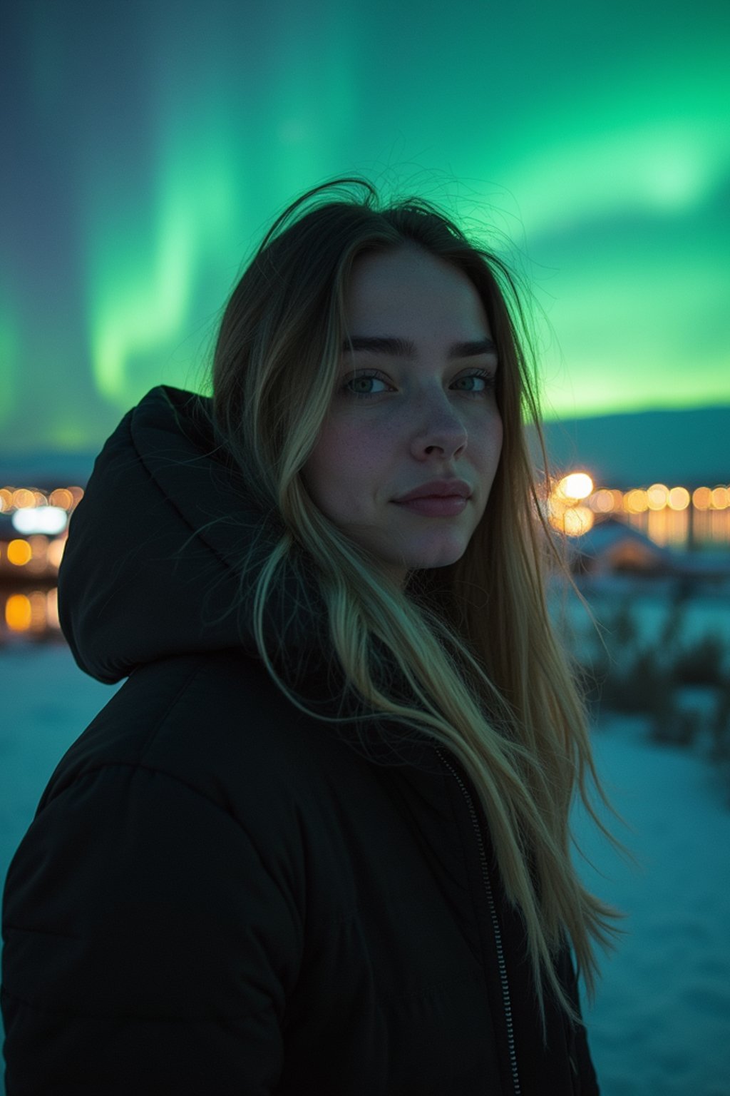 woman in Reykjavik with the Northern Lights in the background