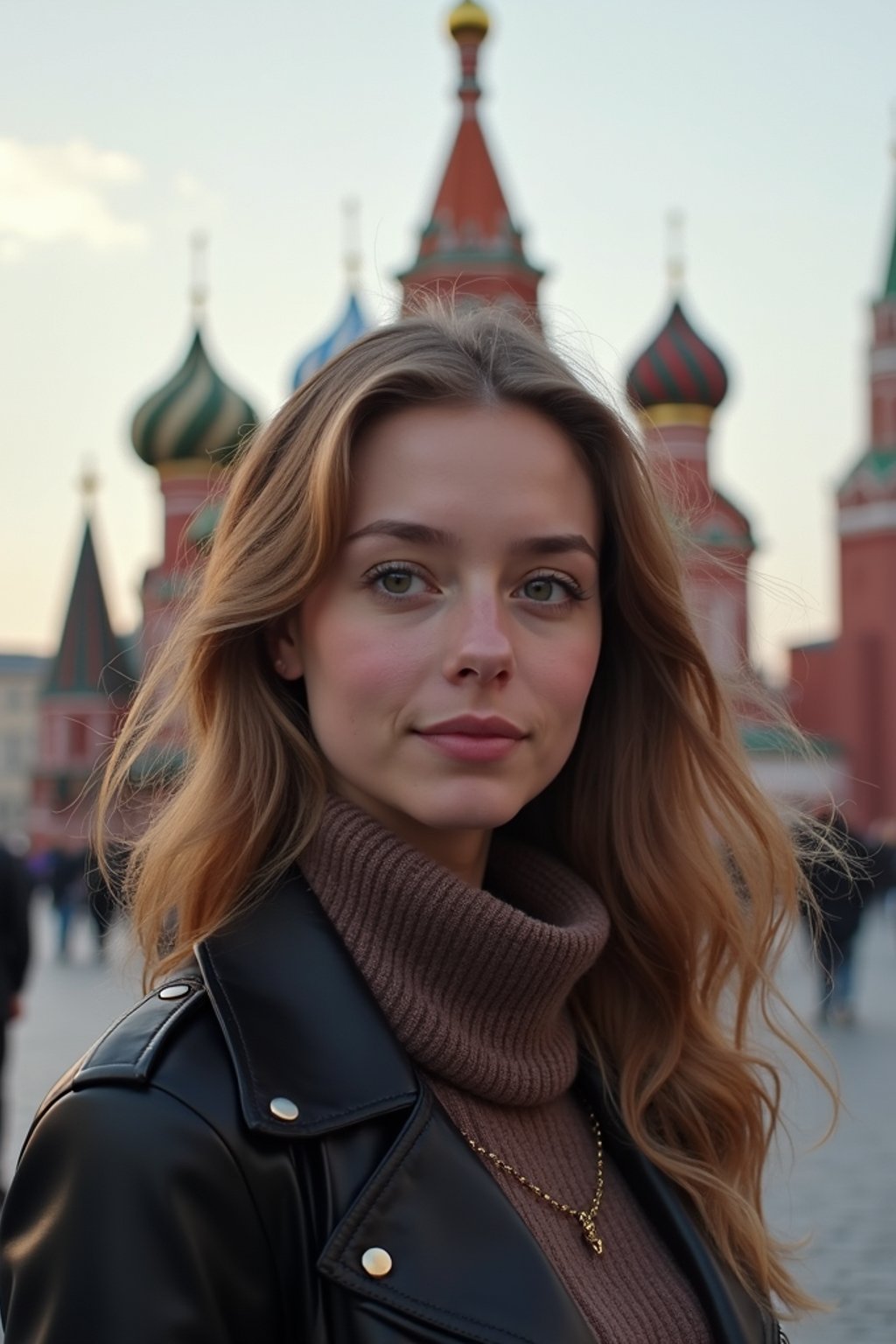 woman in Moscow with the Kremlin in the background