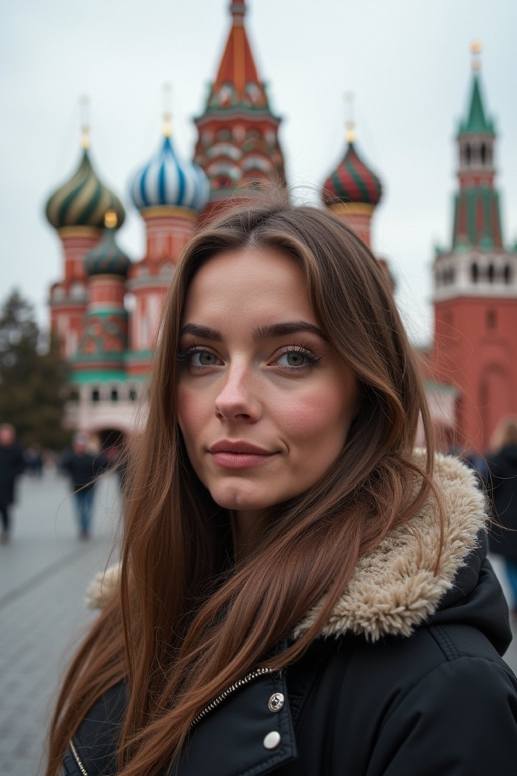 woman in Moscow with the Kremlin in the background