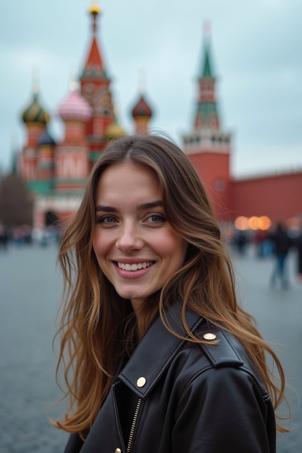 woman in Moscow with the Kremlin in the background