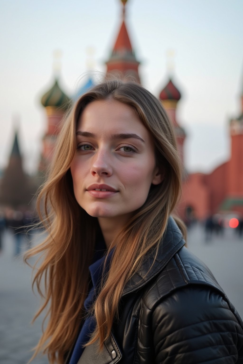 woman in Moscow with the Kremlin in the background