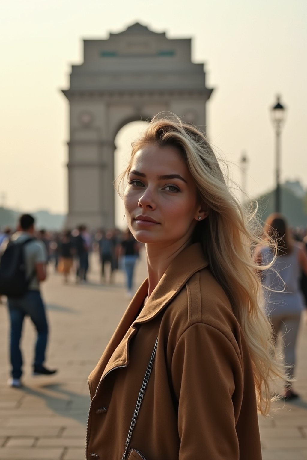 woman in Delhi with the India Gate in the background