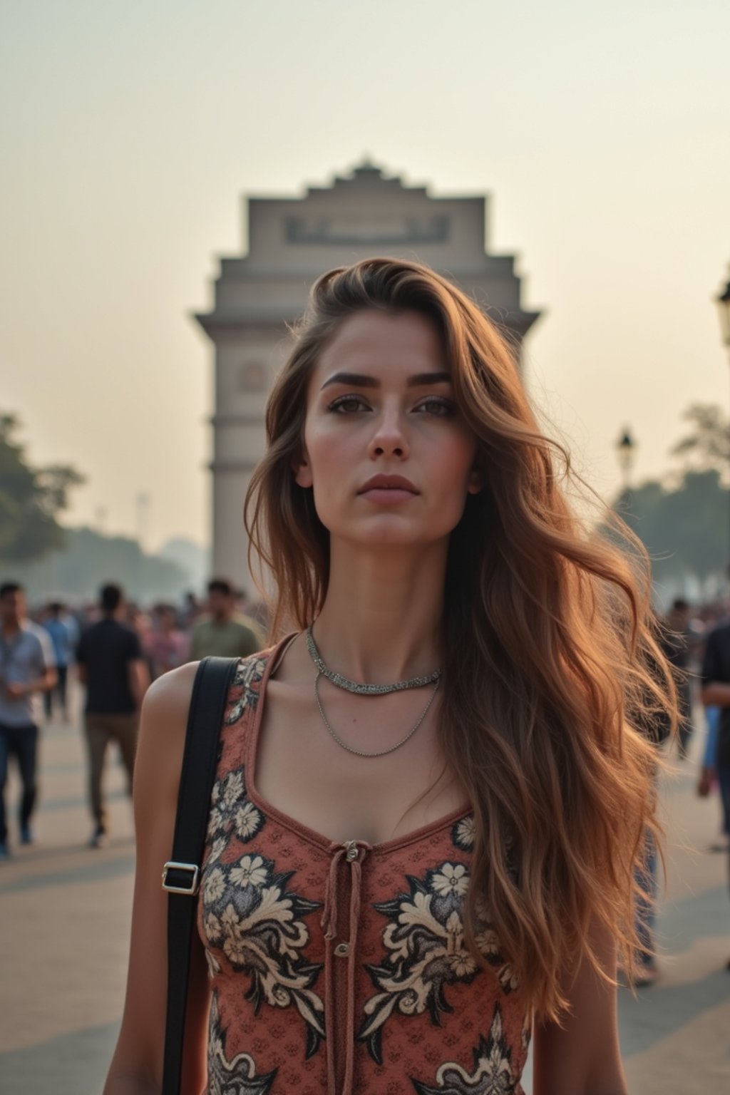 woman in Delhi with the India Gate in the background