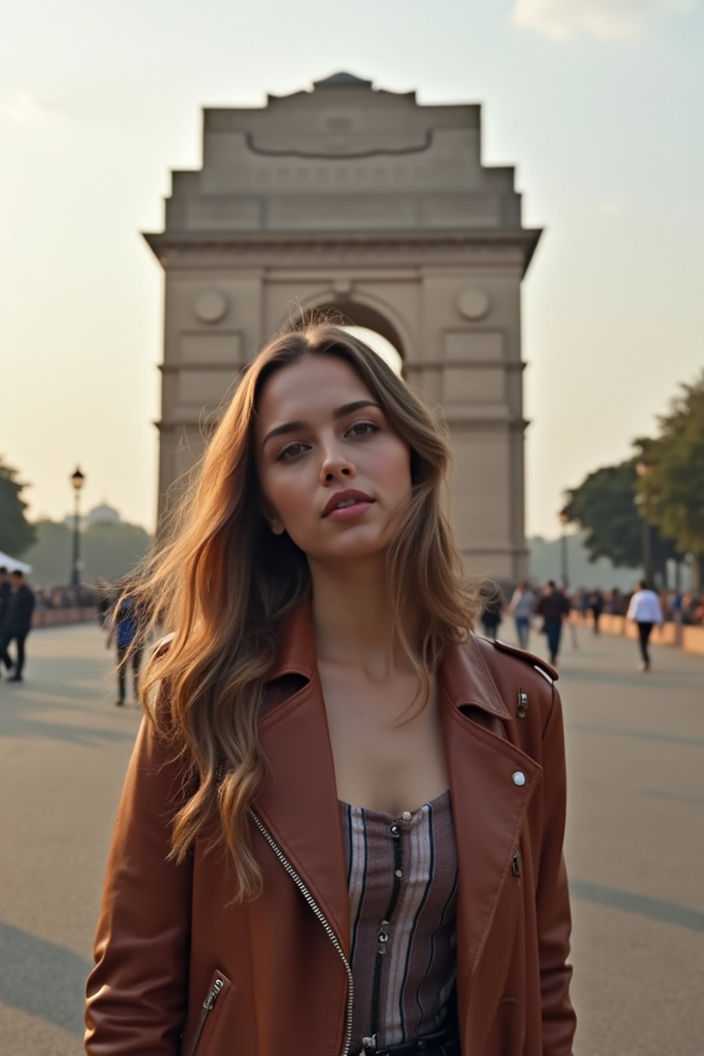 woman in Delhi with the India Gate in the background