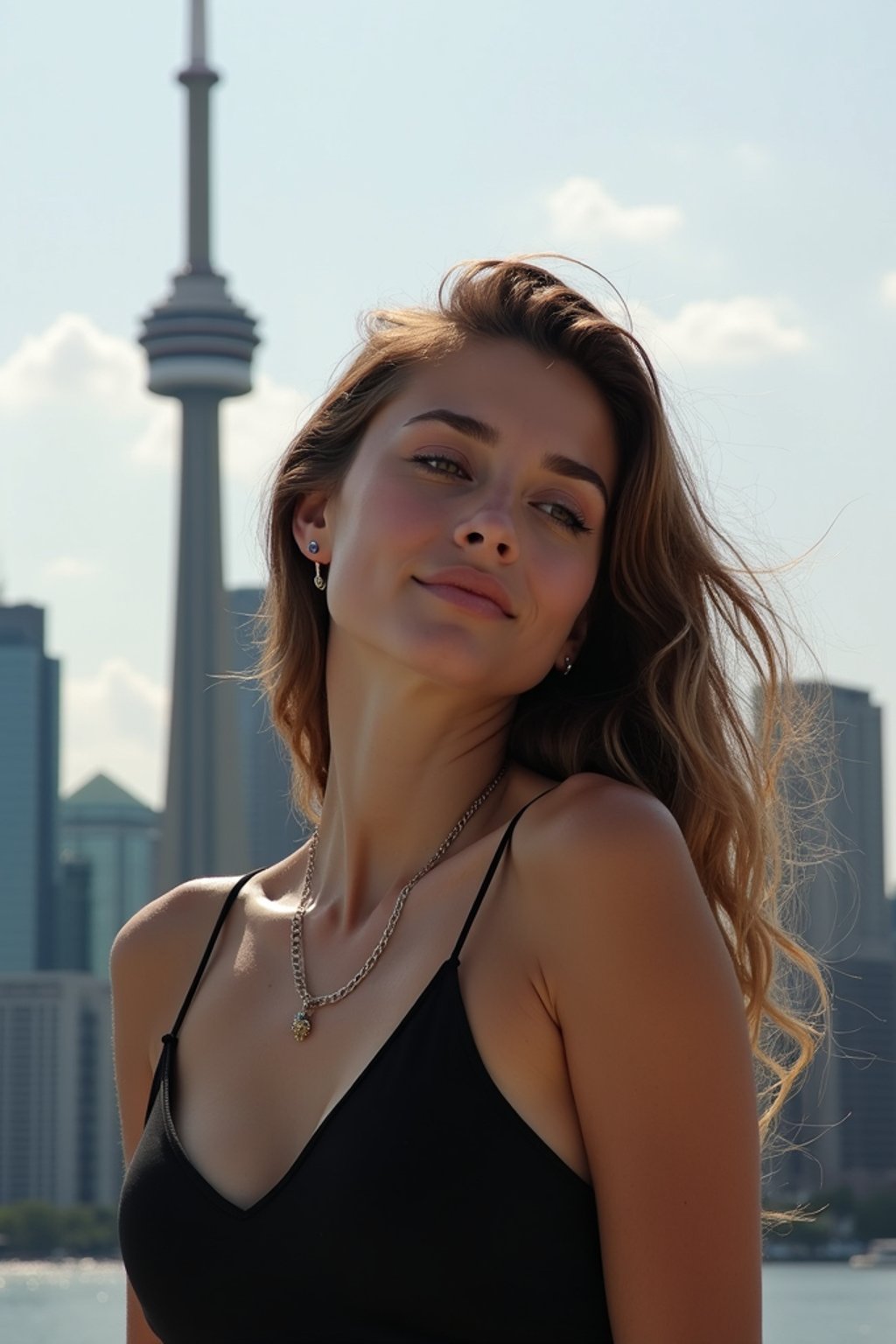 woman in Toronto with the CN Tower in the background