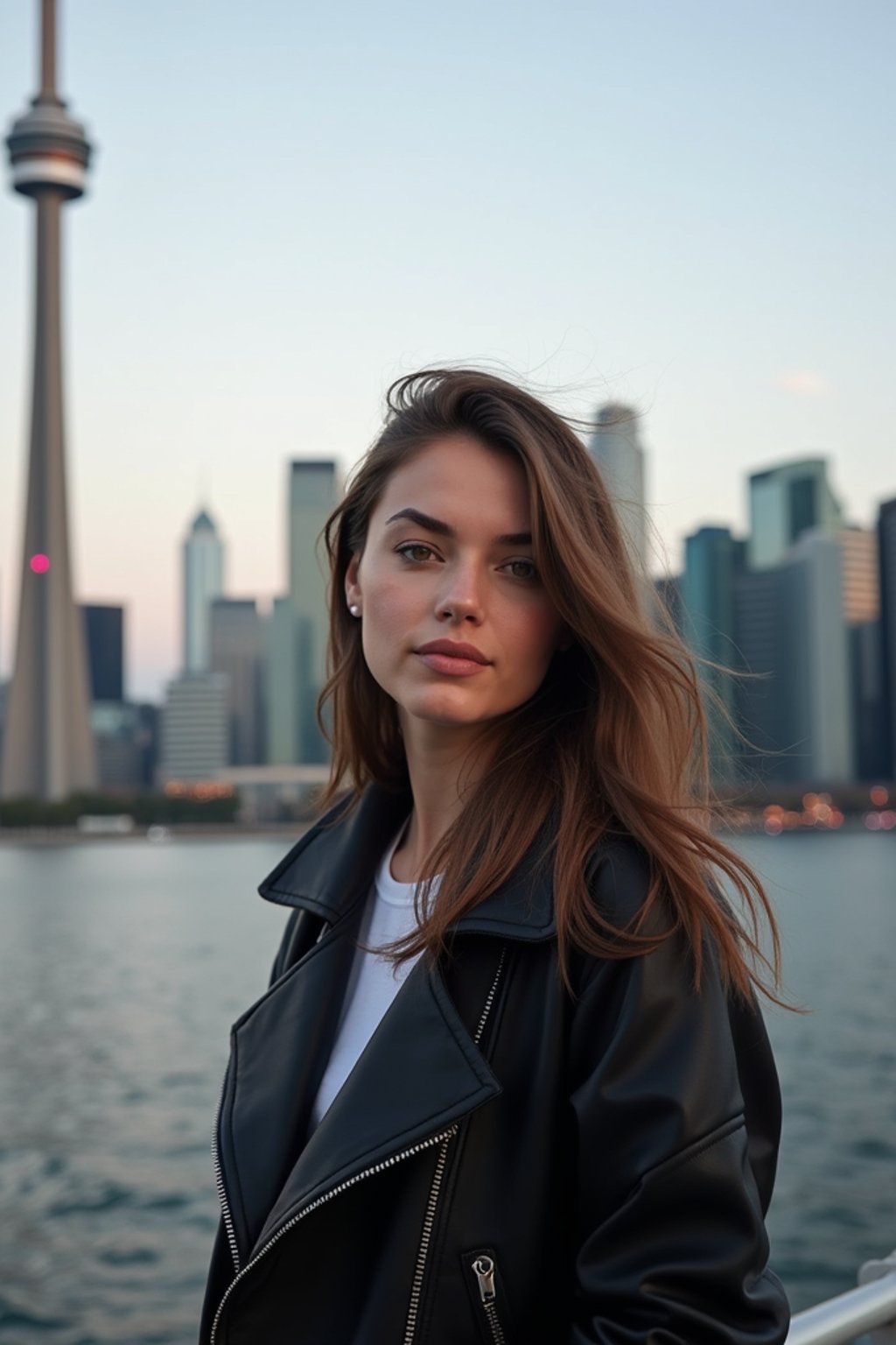 woman in Toronto with the CN Tower in the background