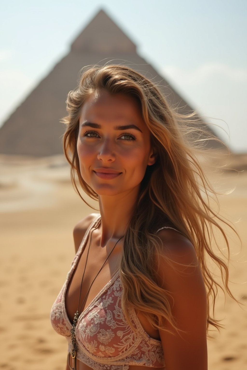 woman in Cairo with the Pyramids of Giza in the background