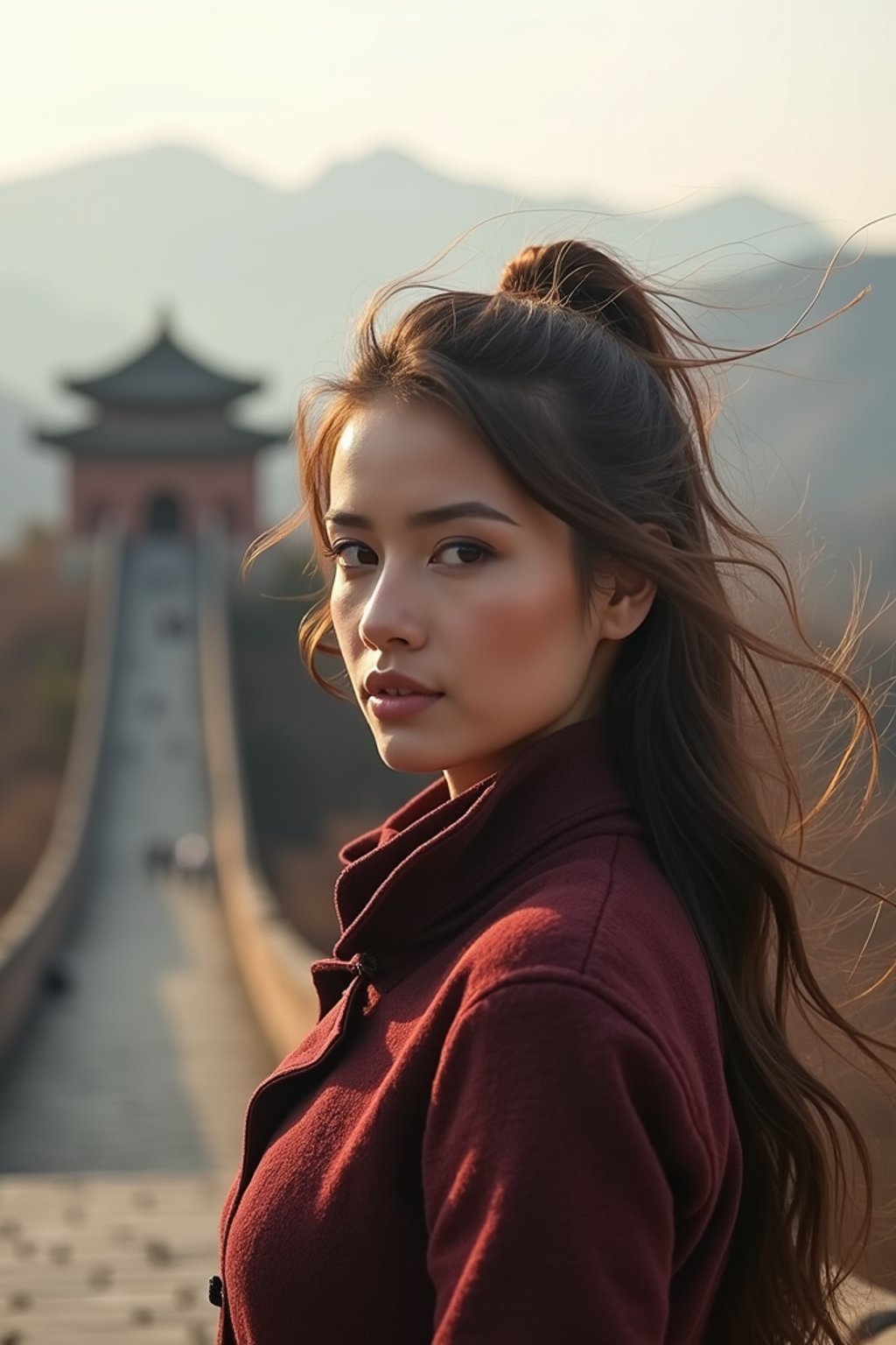 woman in Beijing with the Great Wall in the background