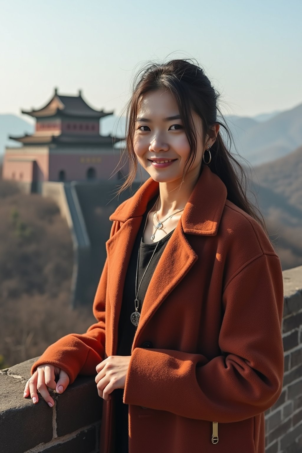 woman in Beijing with the Great Wall in the background