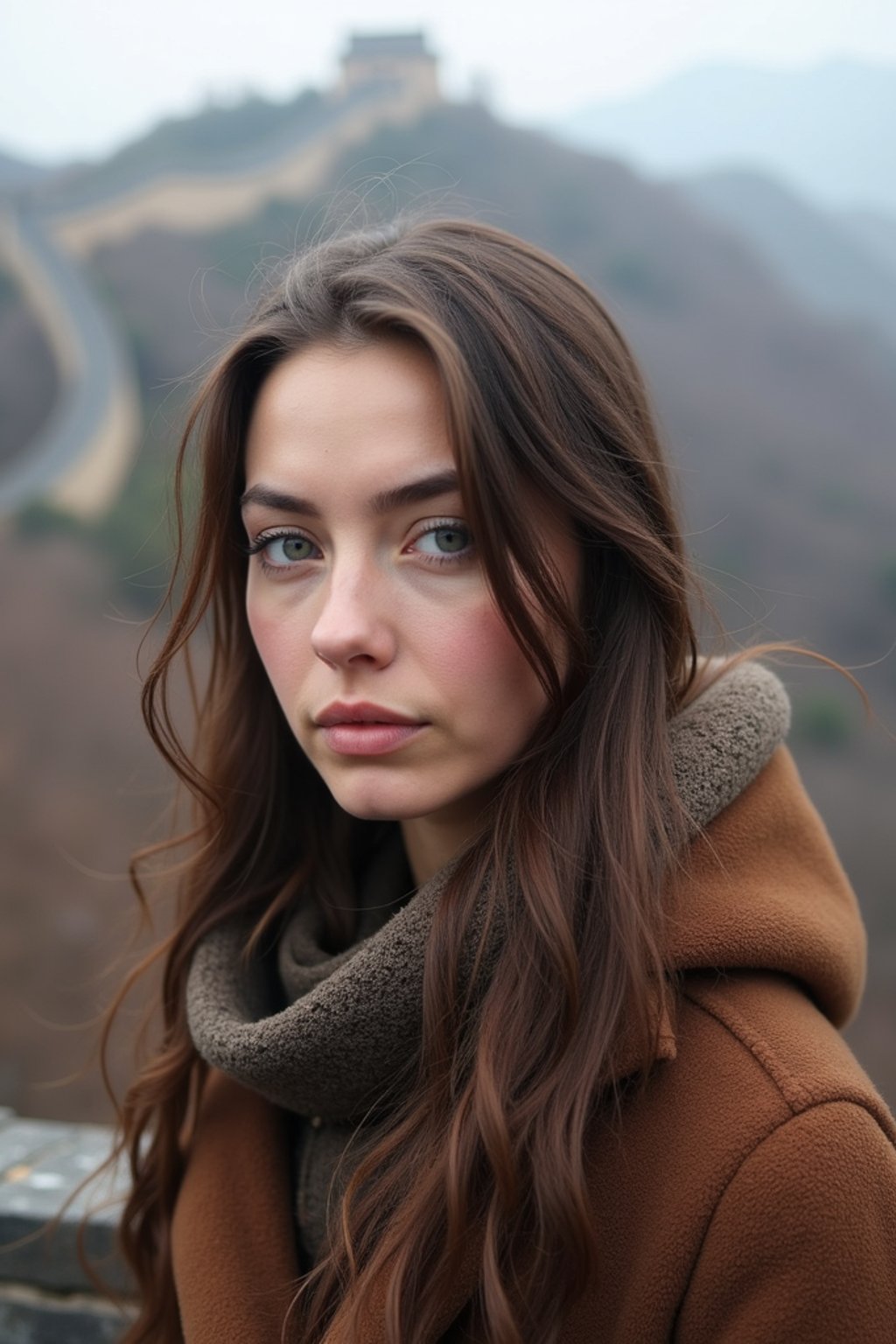 woman in Beijing with the Great Wall in the background