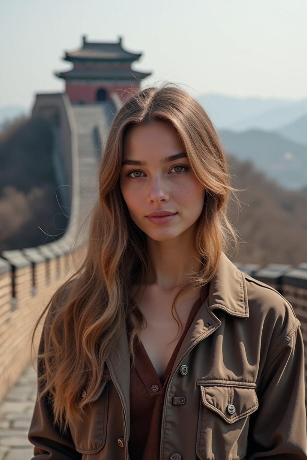 woman in Beijing with the Great Wall in the background