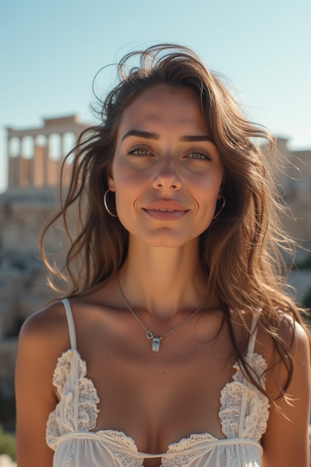 woman in Athens with the Acropolis in the background