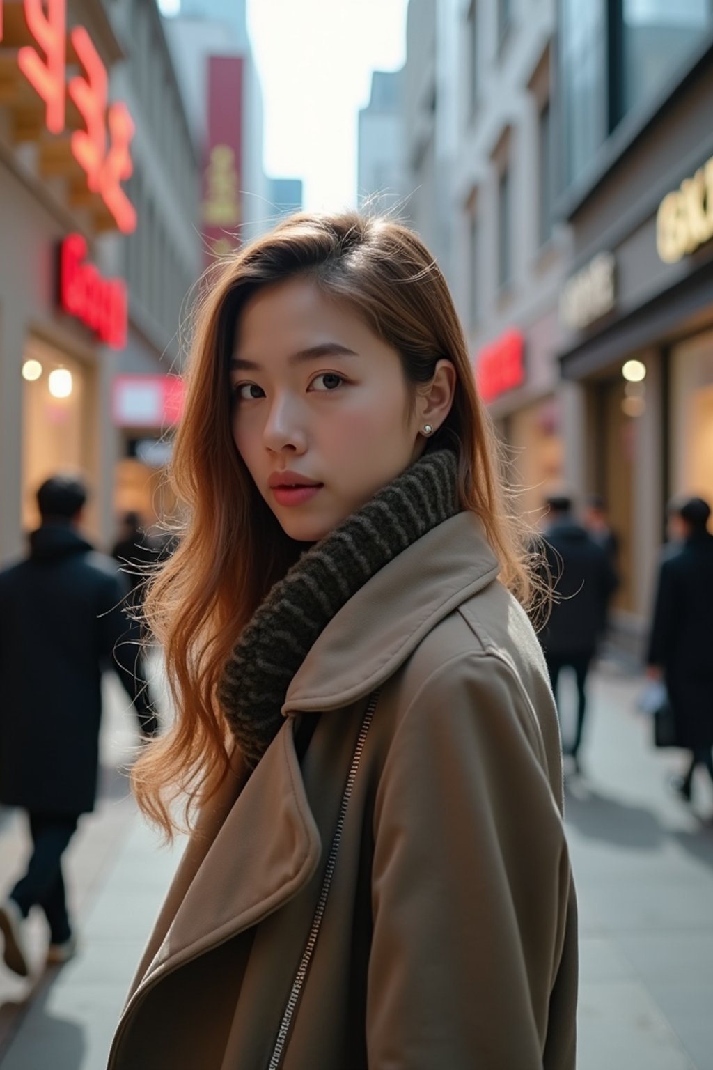 woman in Seoul in Gangnam in Cheongdamdong Luxury Shopping street. stores visible in background