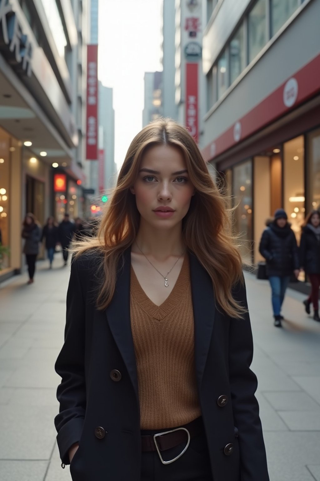 woman in Seoul in Gangnam in Cheongdamdong Luxury Shopping street. stores visible in background