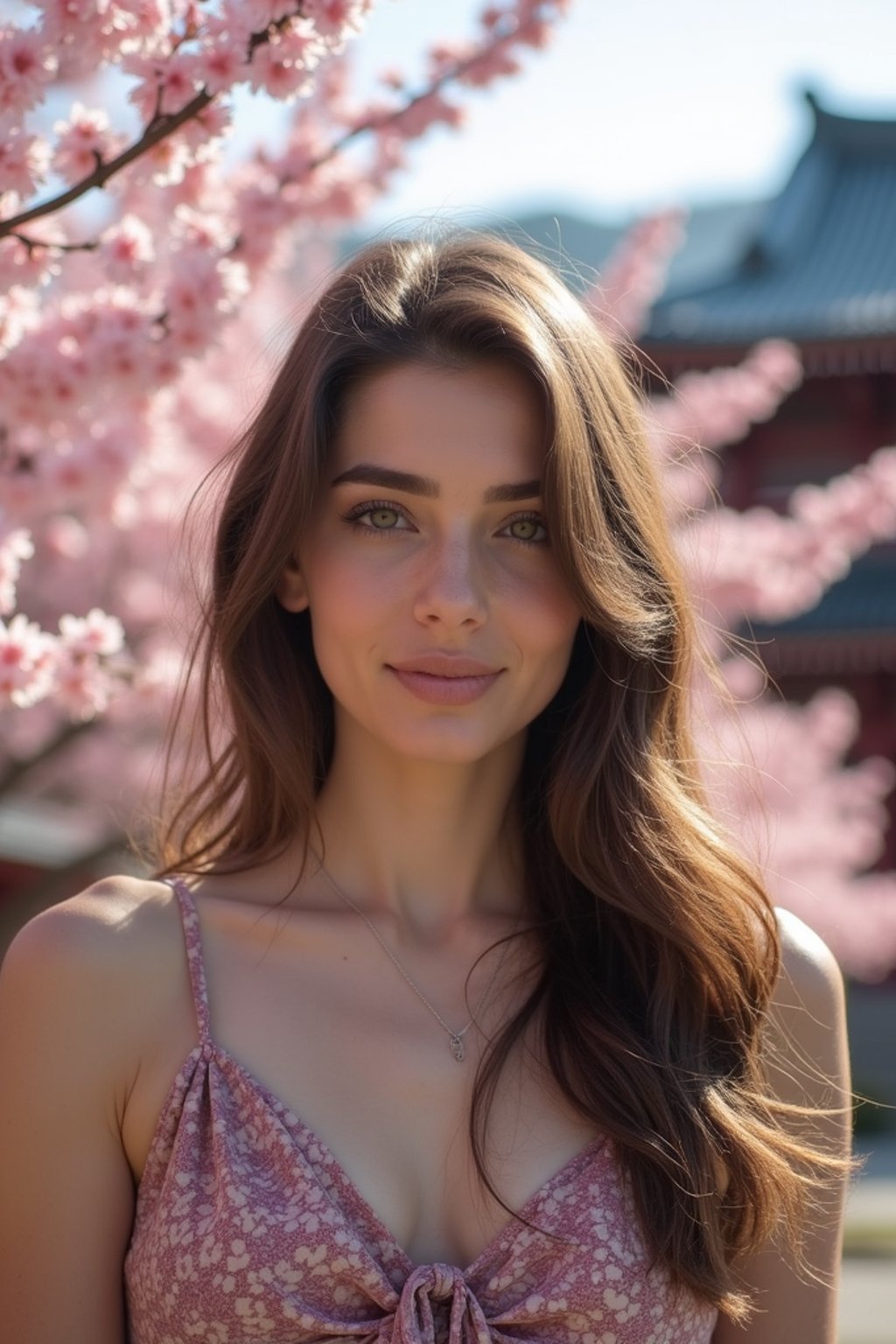 woman in Japan with Japanese Cherry Blossom Trees and Japanese temples in background