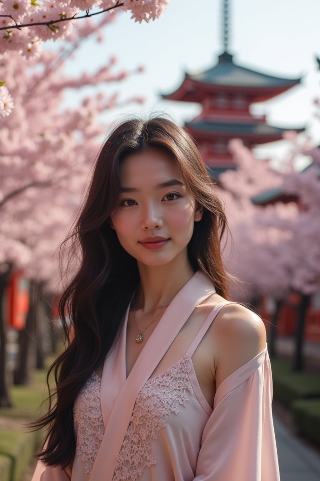 woman in Japan with Japanese Cherry Blossom Trees and Japanese temples in background