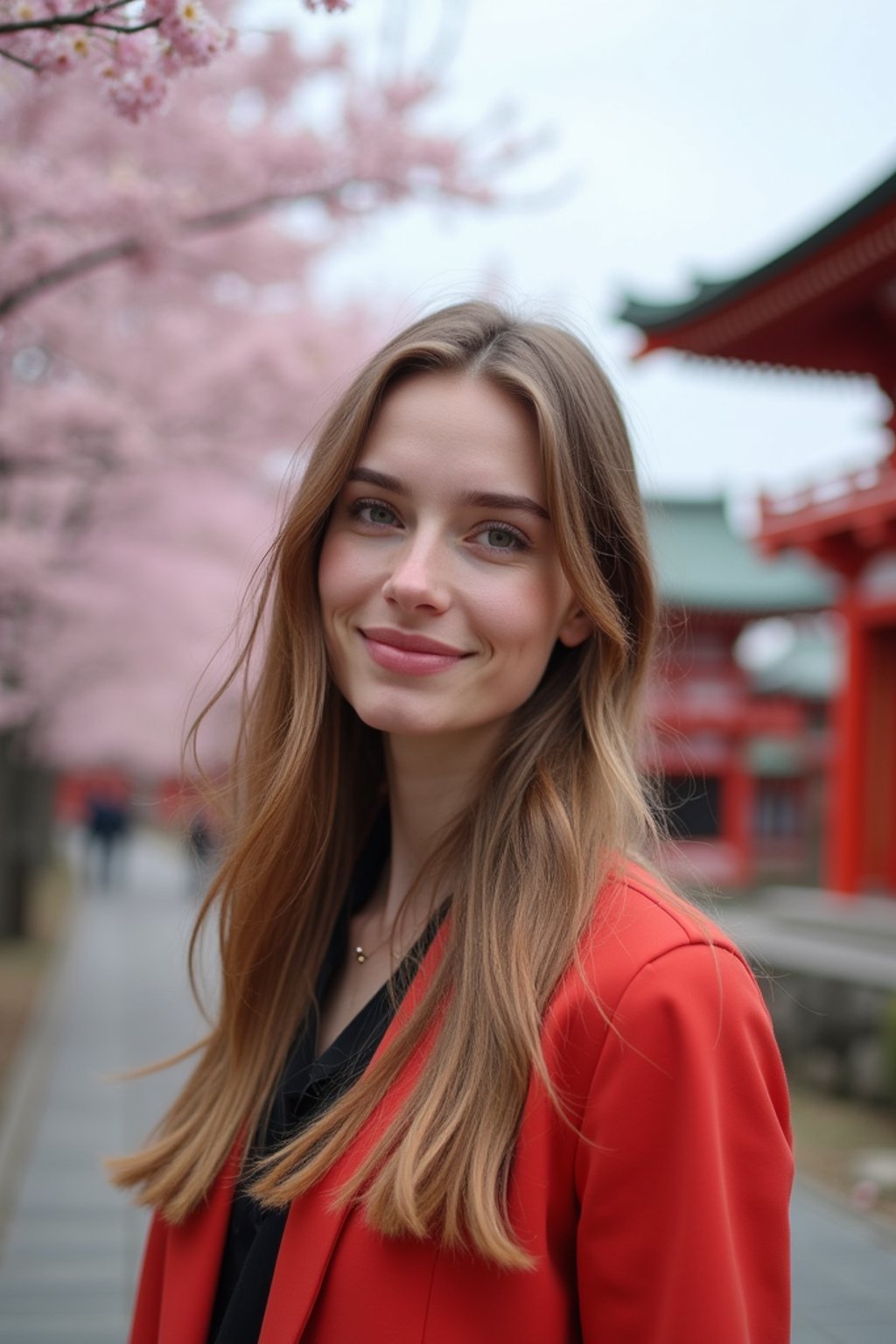 woman in Japan with Japanese Cherry Blossom Trees and Japanese temples in background