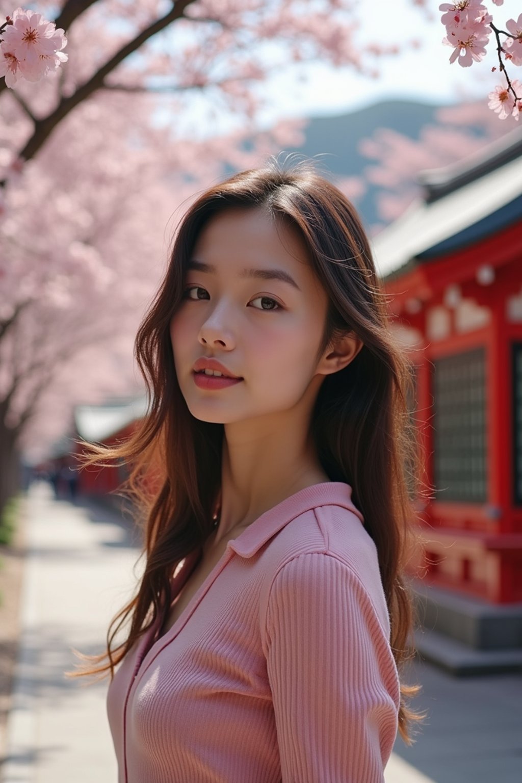 woman in Japan with Japanese Cherry Blossom Trees and Japanese temples in background