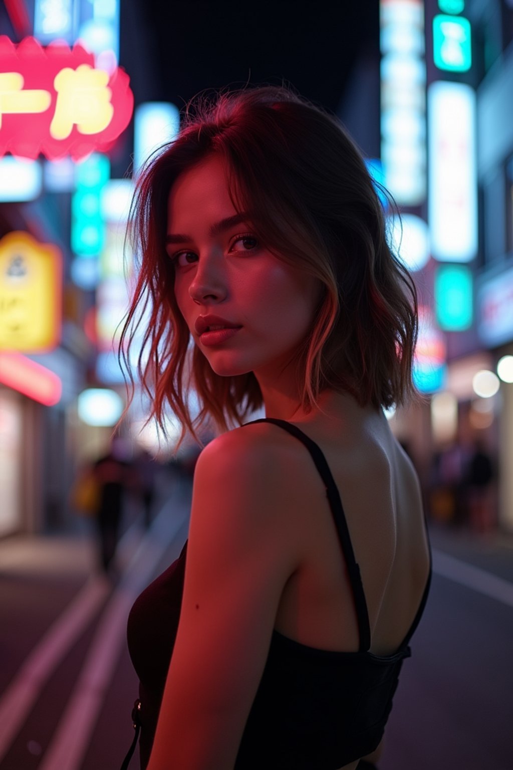 woman in Tokyo at night with neon lights