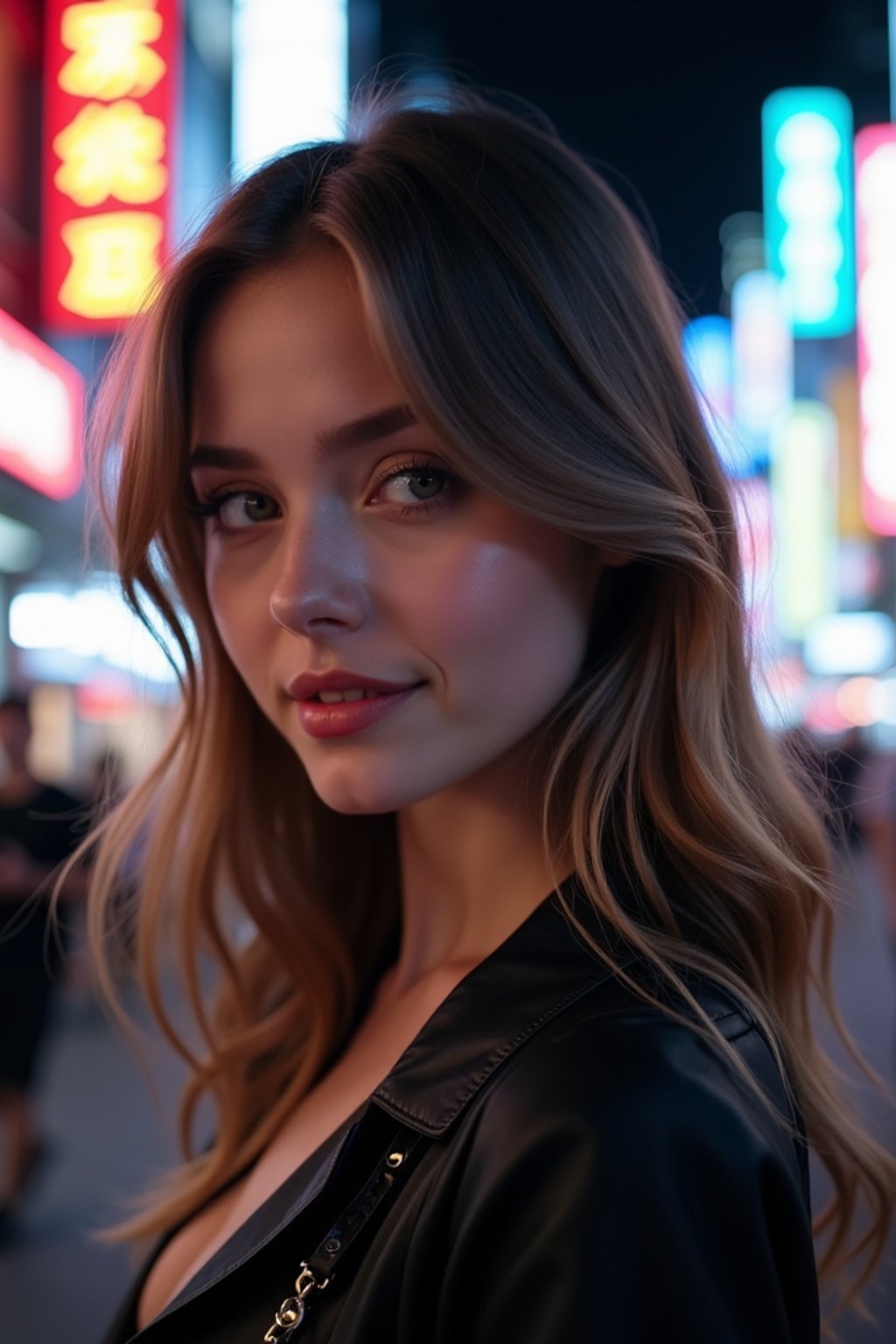 woman in Tokyo at night with neon lights