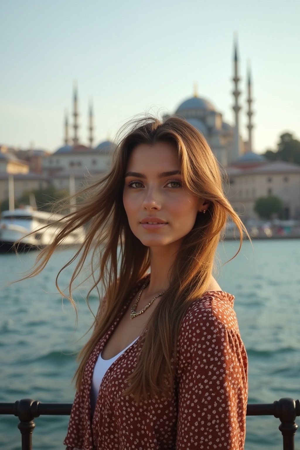 woman in Istanbul with The Mosque in background