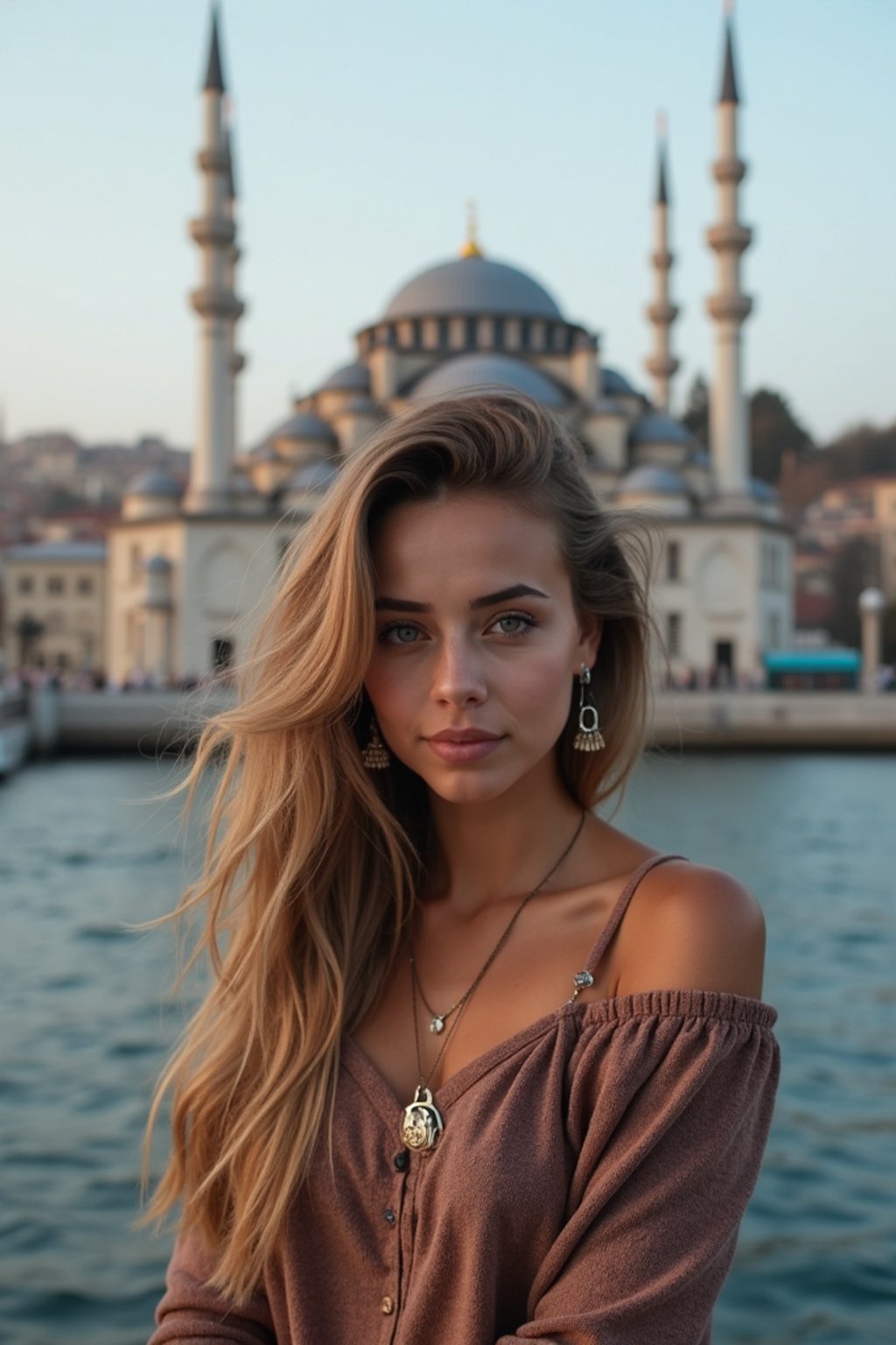 woman in Istanbul with The Mosque in background