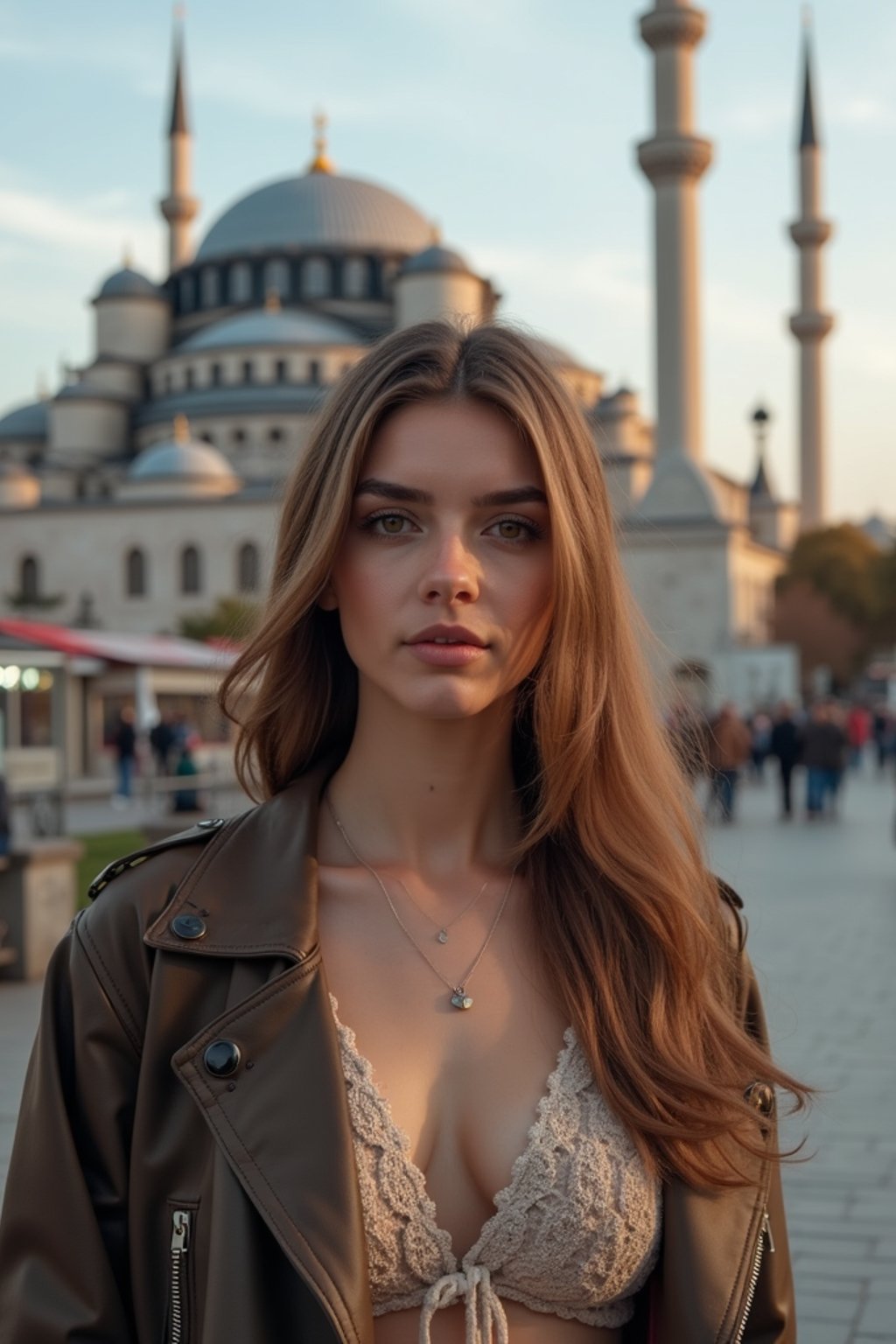 woman in Istanbul with The Mosque in background