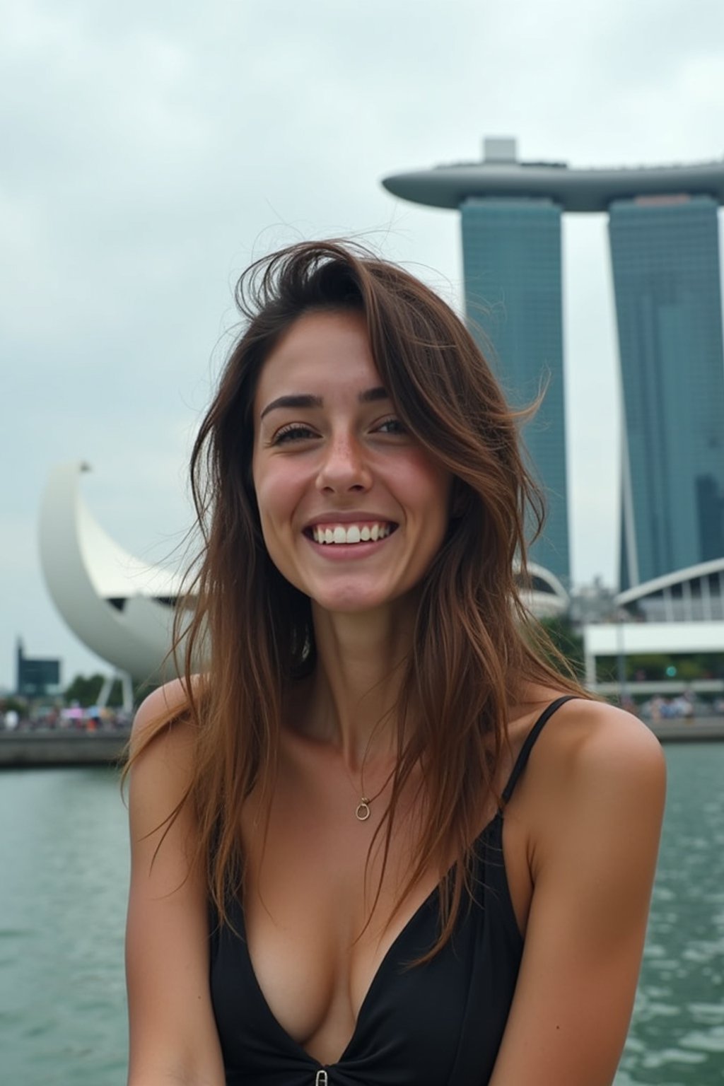 woman in Singapore with Marina Bay Sands in background