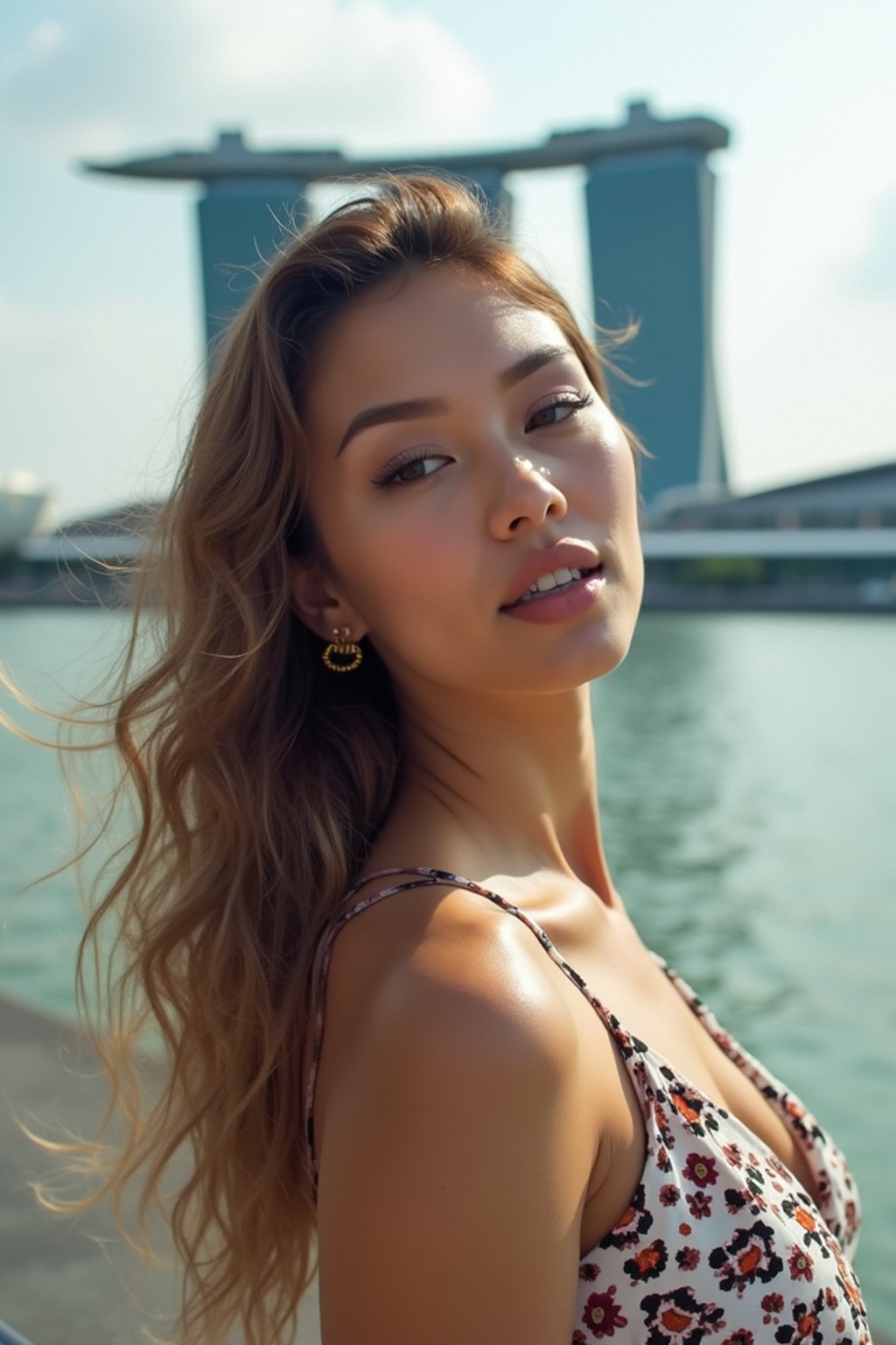 woman in Singapore with Marina Bay Sands in background