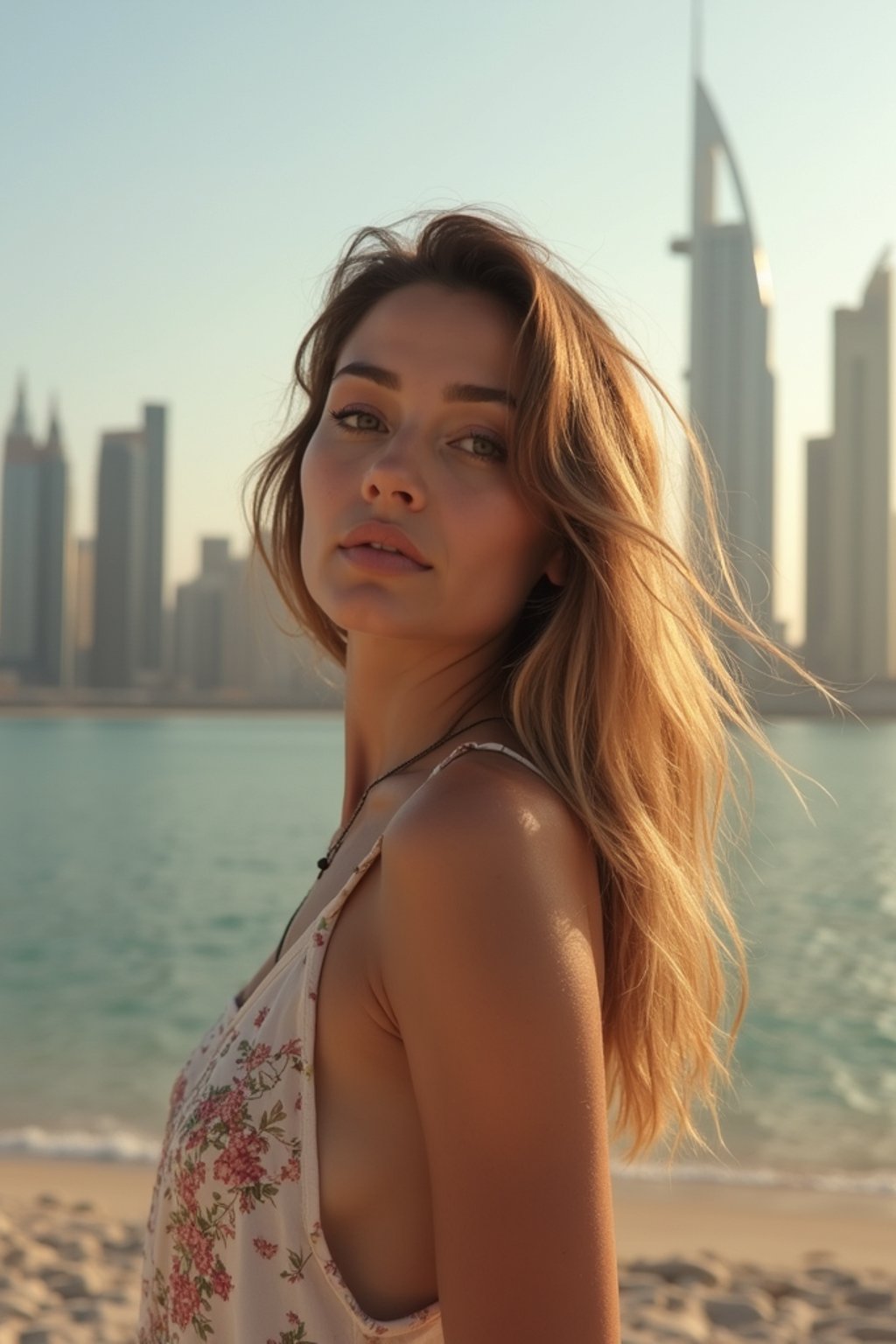 woman in Dubai with skyline in background