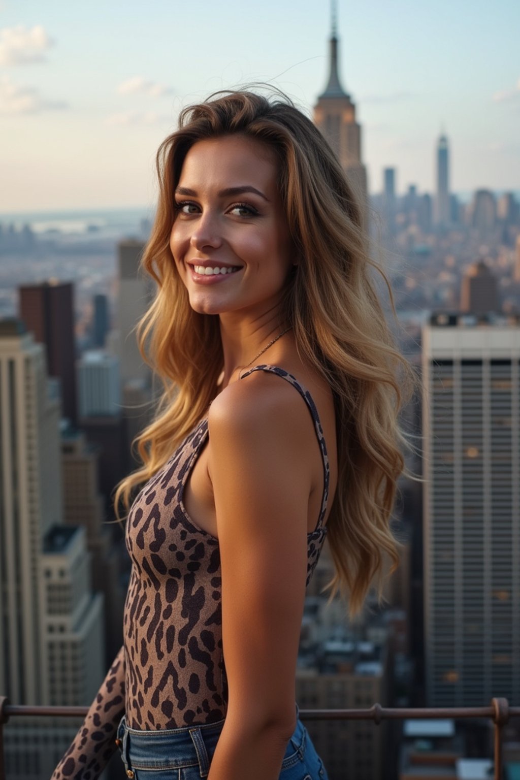 woman in New York City with Manhattan in background