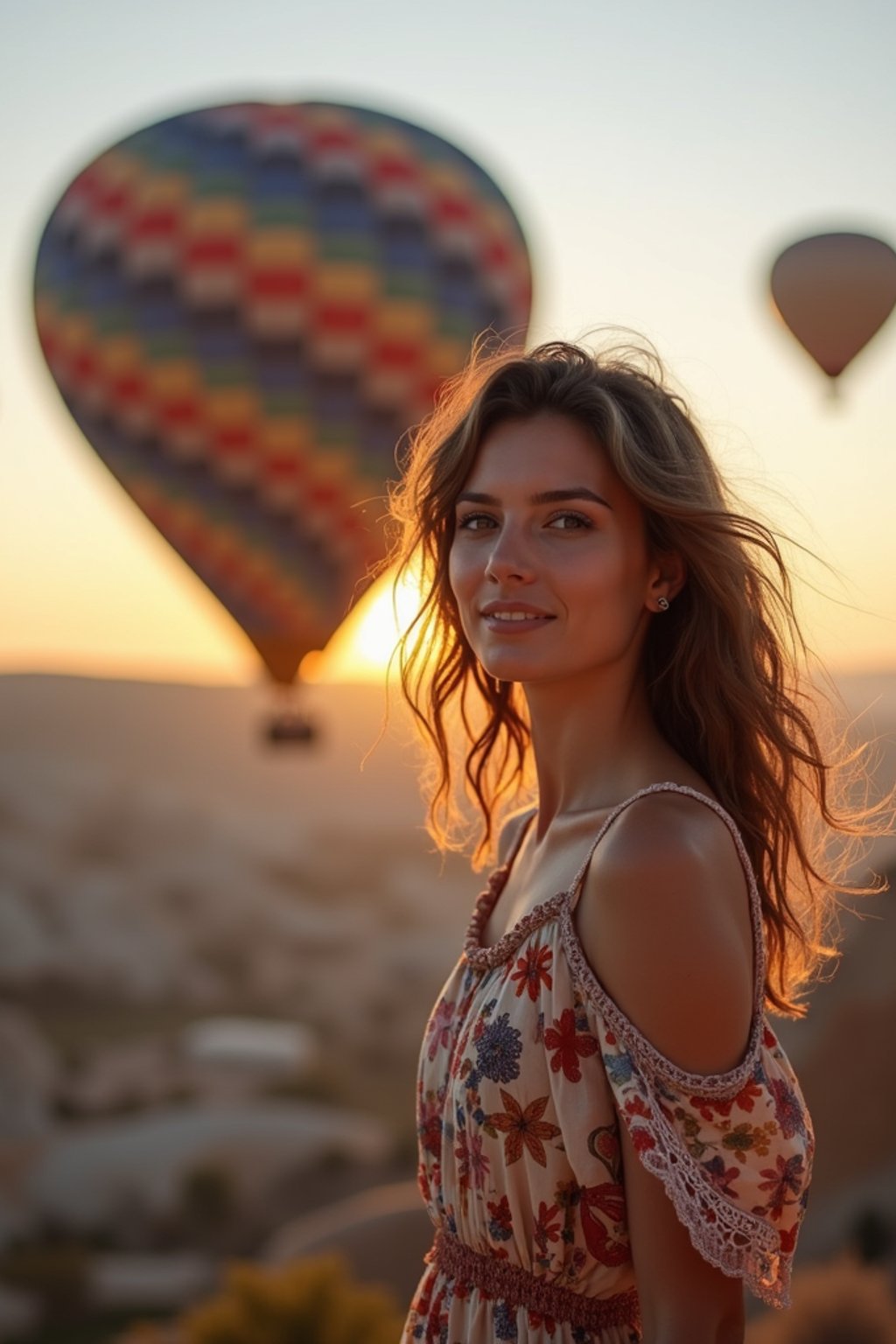 Breathtakingly woman with hot air balloons in the background in cappadocia, Türkiye. Cappadocia, Turkey