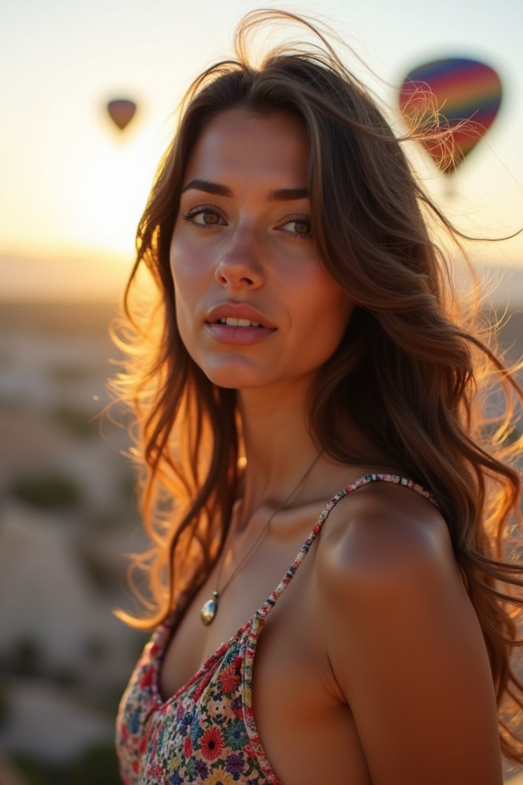 Breathtakingly woman with hot air balloons in the background in cappadocia, Türkiye. Cappadocia, Turkey