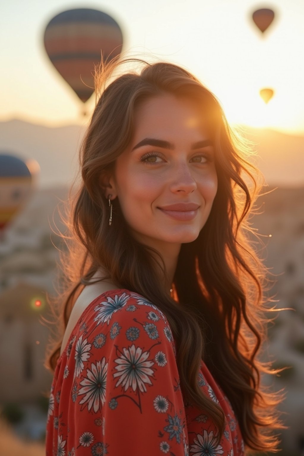 Breathtakingly woman with hot air balloons in the background in cappadocia, Türkiye. Cappadocia, Turkey