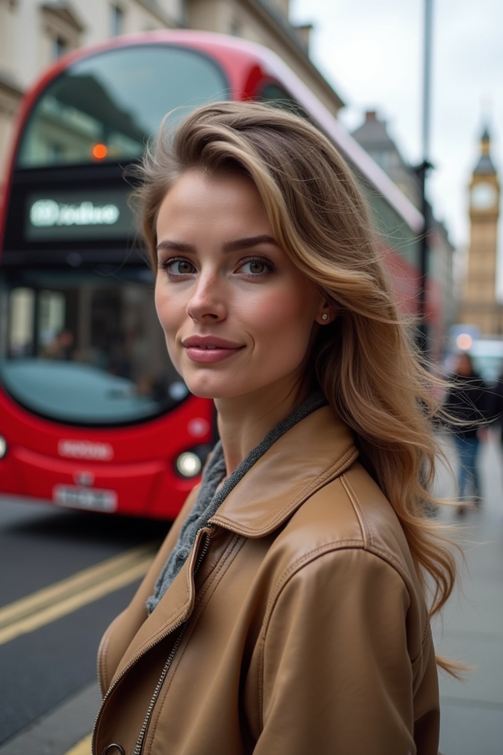 woman in London with Double Decker Bus in background