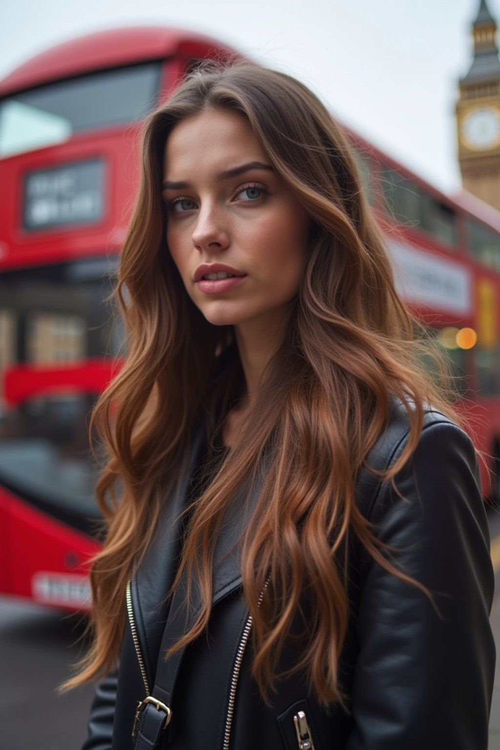 woman in London with Double Decker Bus in background