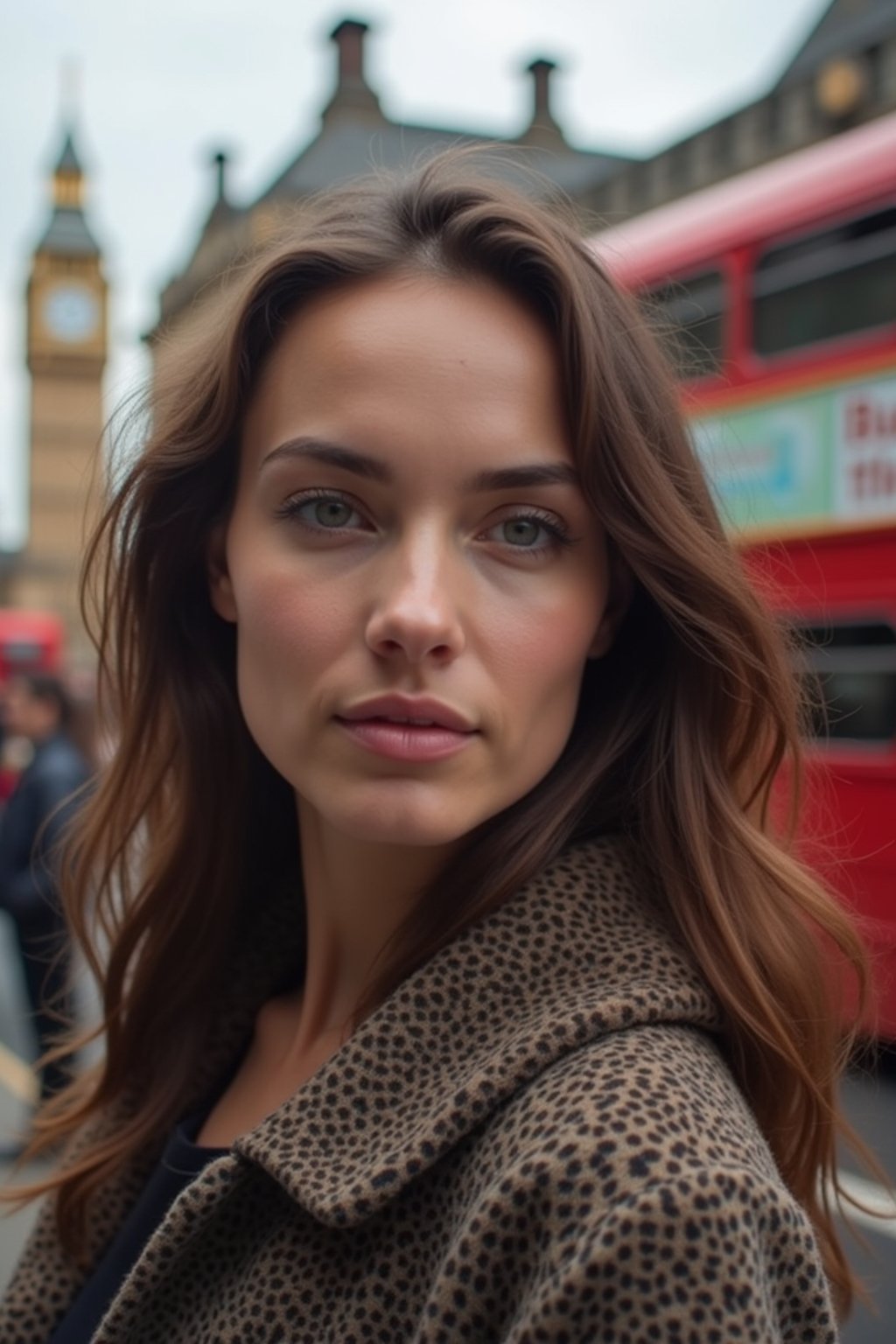 woman in London with Double Decker Bus in background