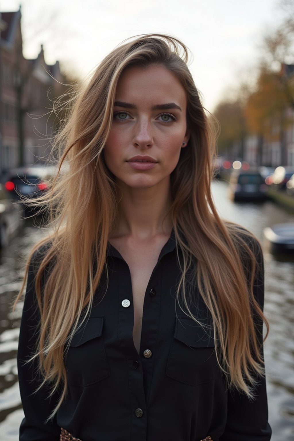 woman in Amsterdam with the Amsterdam Canals in background