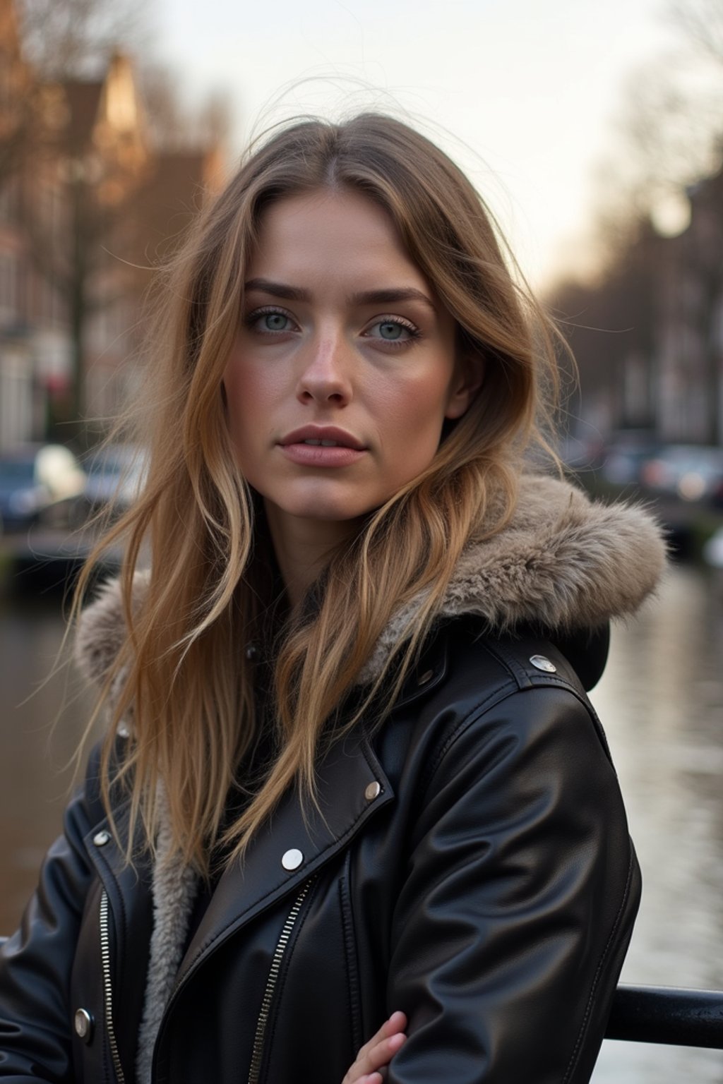 woman in Amsterdam with the Amsterdam Canals in background