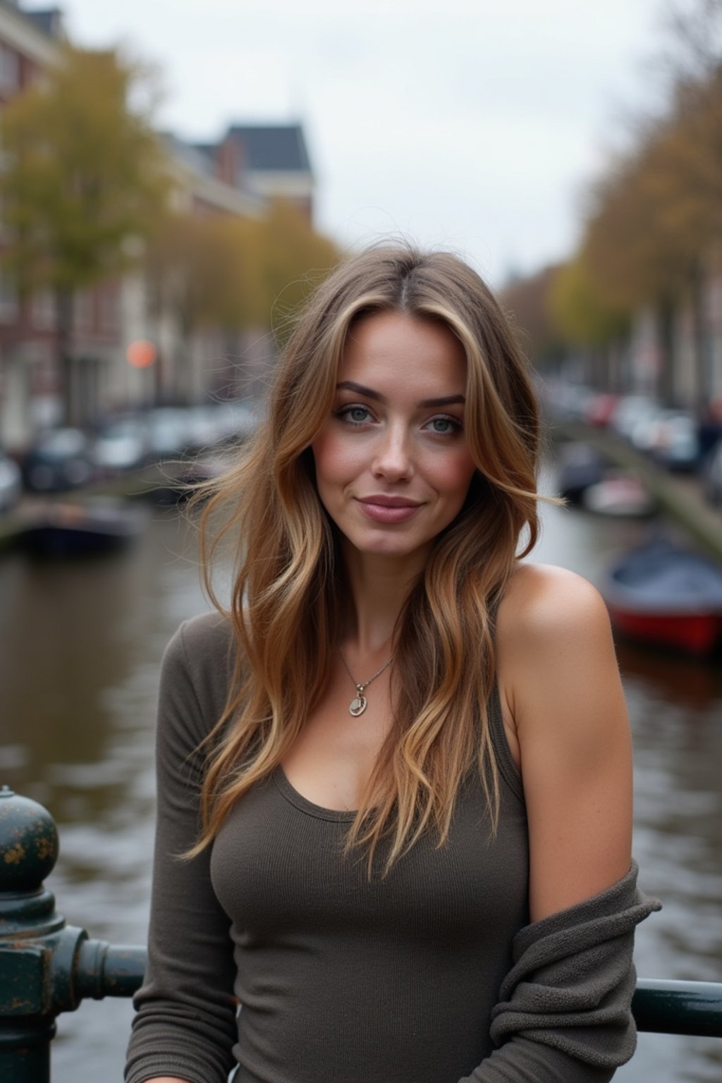 woman in Amsterdam with the Amsterdam Canals in background