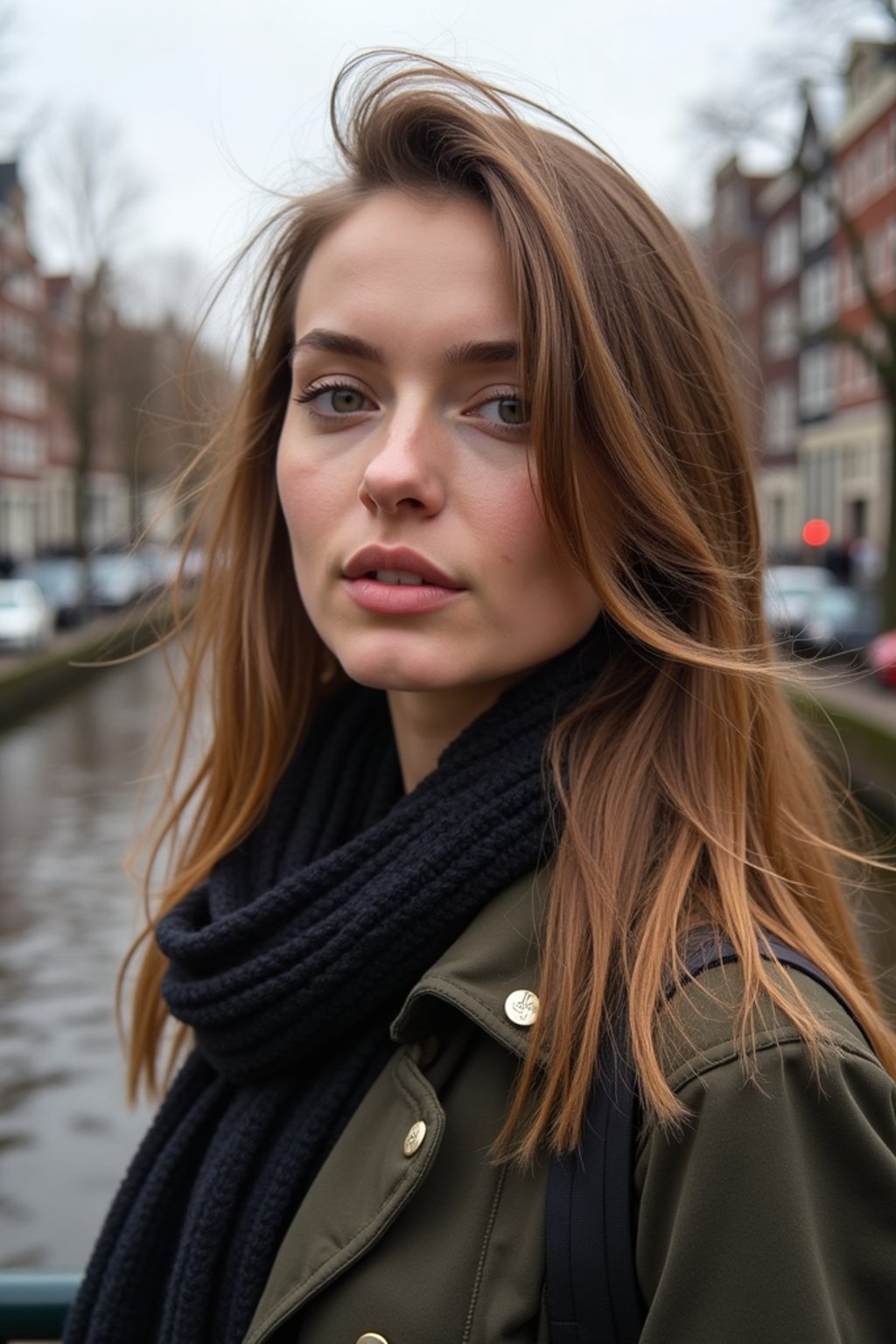 woman in Amsterdam with the Amsterdam Canals in background