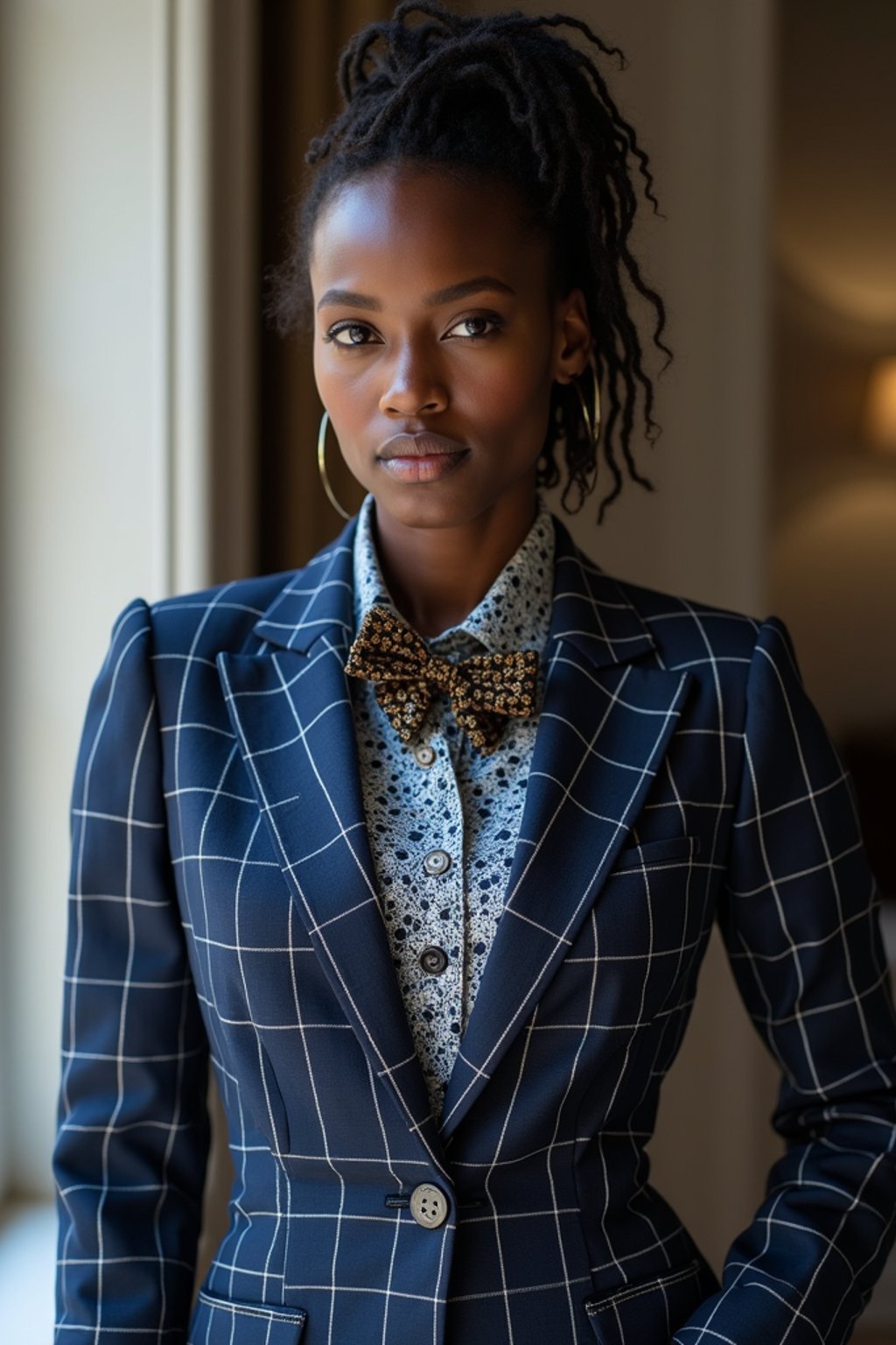 woman showcasing a unique windowpane check suit in a navy blue color with a patterned shirt and a contrasting bow tie