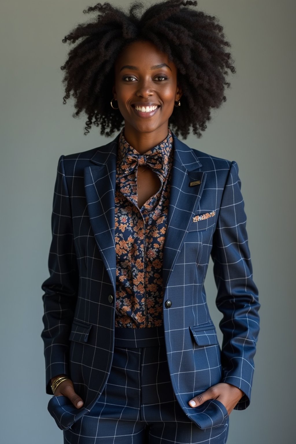 woman showcasing a unique windowpane check suit in a navy blue color with a patterned shirt and a contrasting bow tie