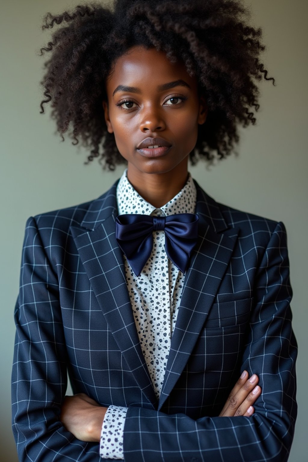 woman showcasing a unique windowpane check suit in a navy blue color with a patterned shirt and a contrasting bow tie