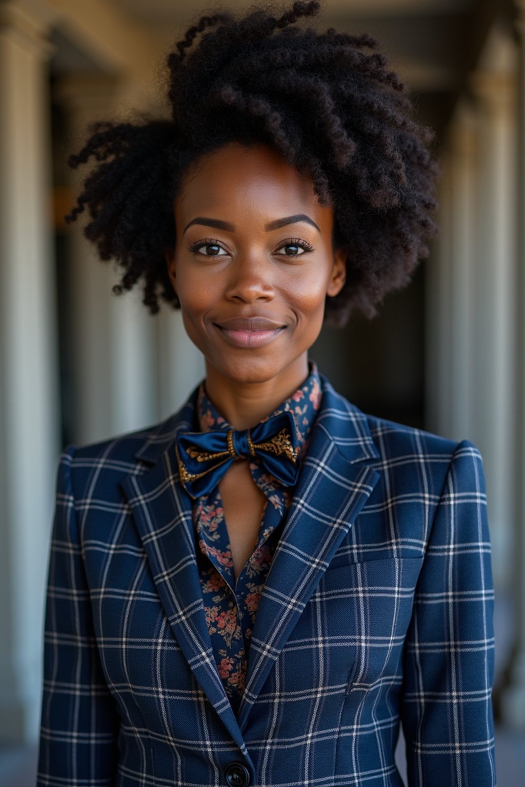 woman showcasing a unique windowpane check suit in a navy blue color with a patterned shirt and a contrasting bow tie