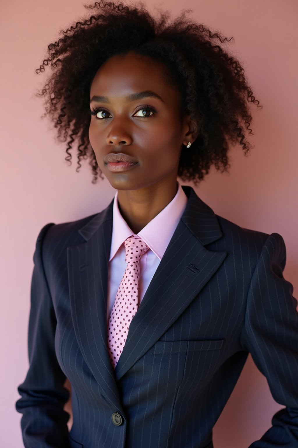 woman wearing a classic navy herringbone suit with a light pink dress shirt and a polka dot tie