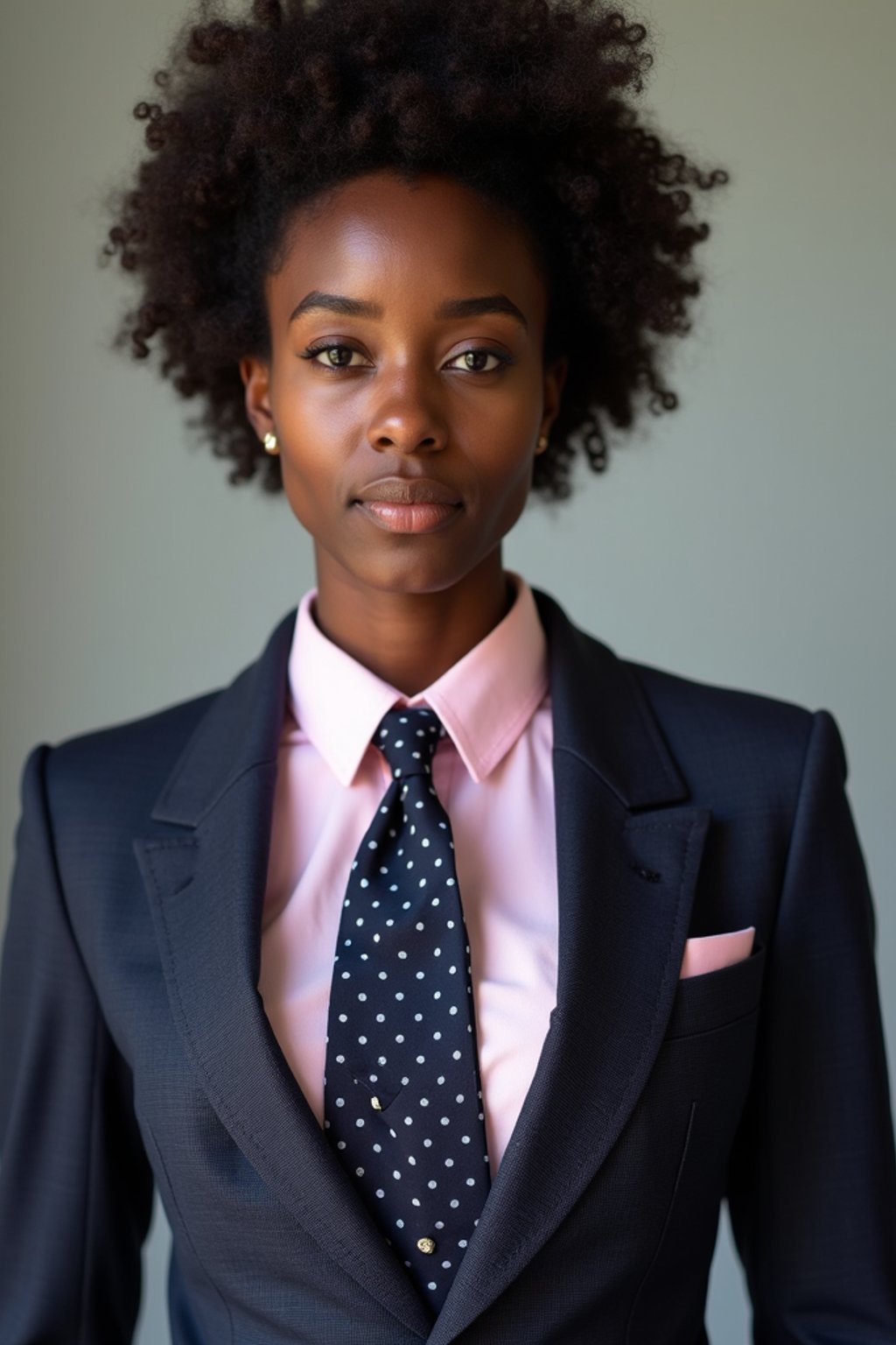 woman wearing a classic navy herringbone suit with a light pink dress shirt and a polka dot tie