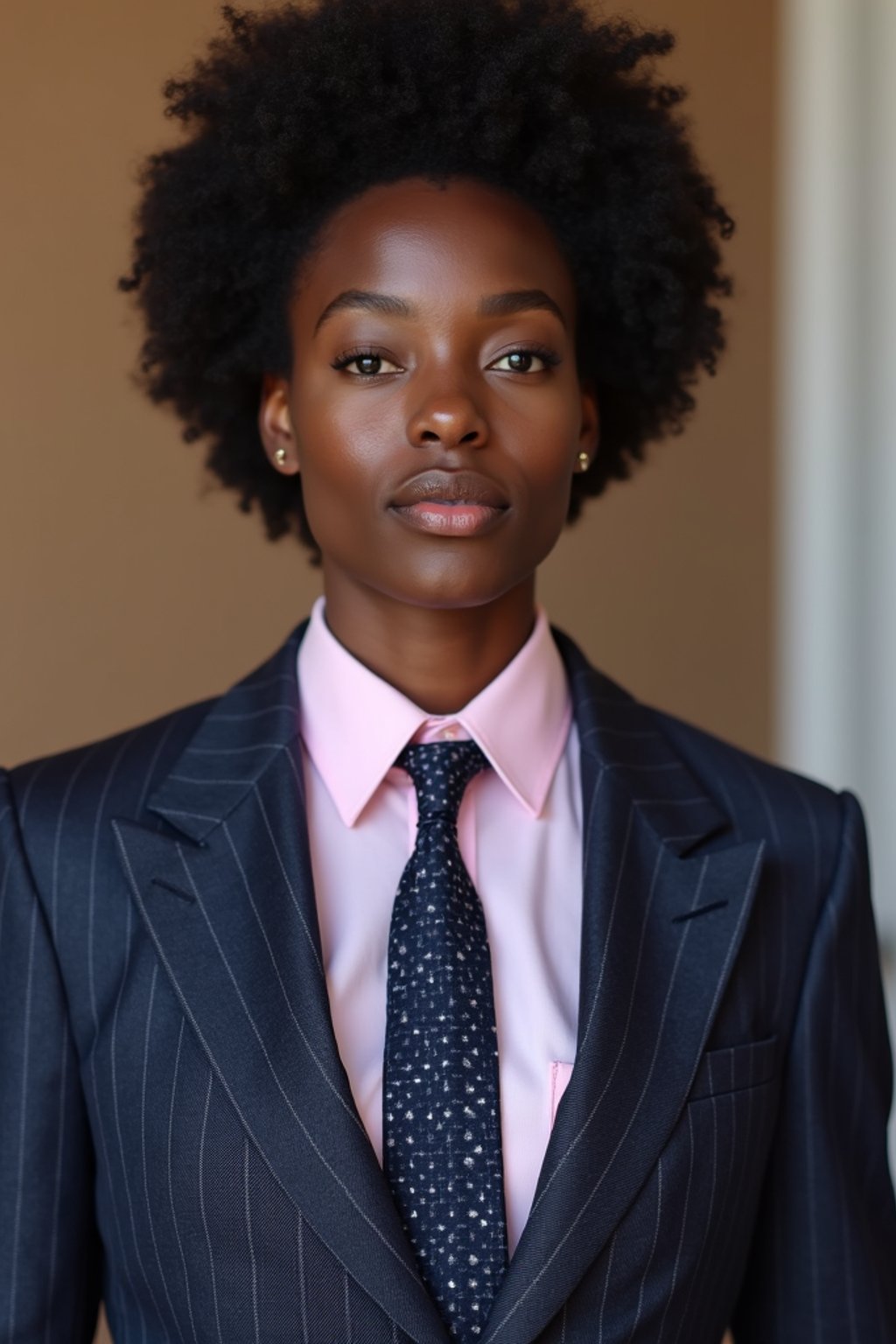 woman wearing a classic navy herringbone suit with a light pink dress shirt and a polka dot tie