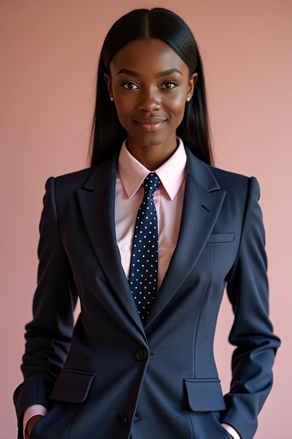 woman wearing a classic navy herringbone suit with a light pink dress shirt and a polka dot tie