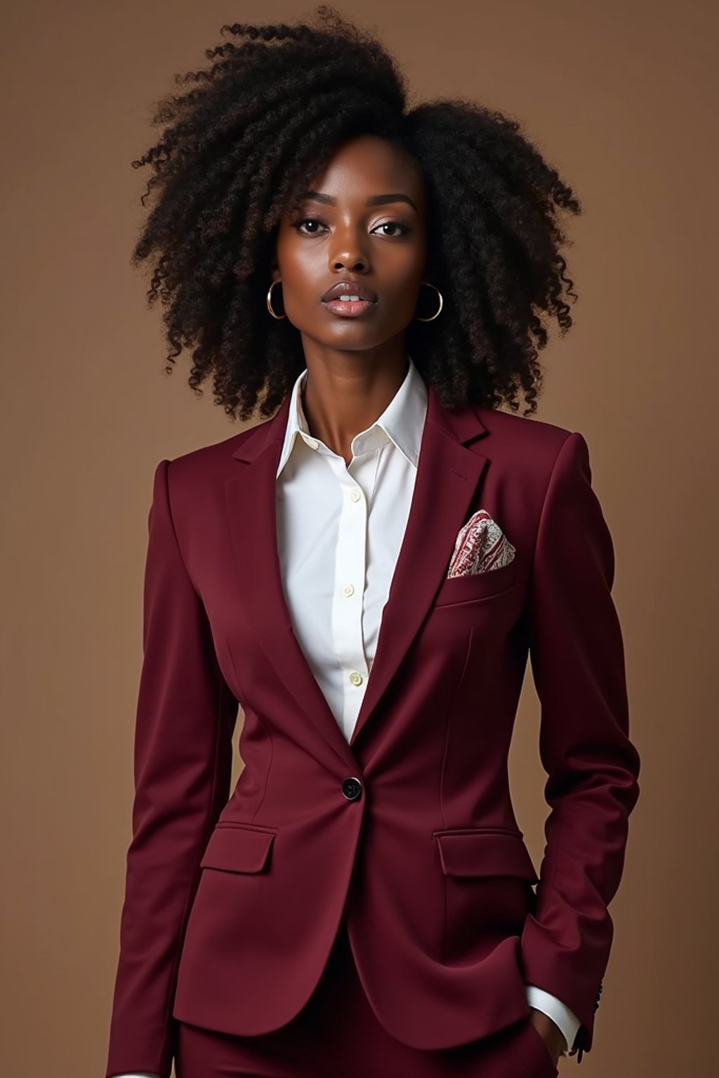 woman trying on a stylish three-piece suit in a rich burgundy color with a crisp white shirt and a paisley patterned pocket square